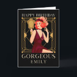 Art Deco Gelukkige Verjaardag Gorgeous Lady Spiege Kaart<br><div class="desc">Verstuur verjaardagsgroeten in de jaren twintig mode met deze Art Deco stijl ontwerp met een afbeelding van een dame met rood haar in een bordeaux jurk met een spiegeltje en set typografie Happy Birthday Gorgeous. Personaliseer eenvoudig de naam van uw ontvanger onderaan en uw bericht binnenin. De zwarte achtergrond kan...</div>