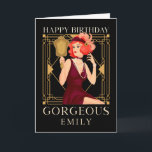 Art Deco Gelukkige Verjaardag Gorgeous Lady Spiege Kaart<br><div class="desc">Verstuur verjaardagsgroeten in de jaren twintig mode met deze Art Deco stijl ontwerp met een afbeelding van een dame met rood haar in een bordeaux jurk met een spiegeltje en set typografie Happy Birthday Gorgeous. Personaliseer eenvoudig de naam van uw ontvanger onderaan en uw bericht binnenin. De zwarte achtergrond kan...</div>