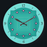 Art Deco Geometric, Aqua en Turquoise Blue Grote Klok<br><div class="desc">Klok in overlappende geometrische patronen,  bestaande uit gradiëntstrepen,  variërend van aqua tot diepe turquoise / blauwgroen,  op een lichte waterachtergrond,  met driedimensionale diamantvormige accenten in de uren</div>