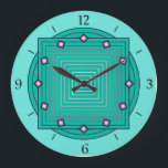 Art Deco Geometric, Aqua en Turquoise Blue Grote Klok<br><div class="desc">Klok in overlappende geometrische patronen,  bestaande uit gradiëntstrepen,  variërend van aqua tot diepe turquoise / blauwgroen,  op een lichte waterachtergrond,  met driedimensionale diamantvormige accenten in de uren</div>