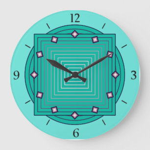 Art Deco Geometric, Aqua en Turquoise Blue Grote Klok