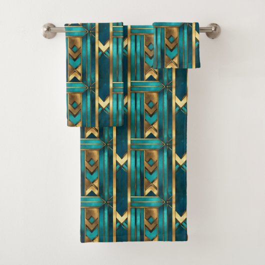 Art Deco Geometric Arrows, Gold and Turquoise Bad Handdoek (Insitu)