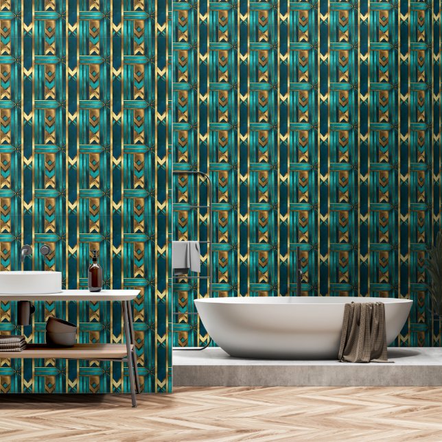 Art Deco Geometric Arrows, Gold and Turquoise Behang (Badkamer)