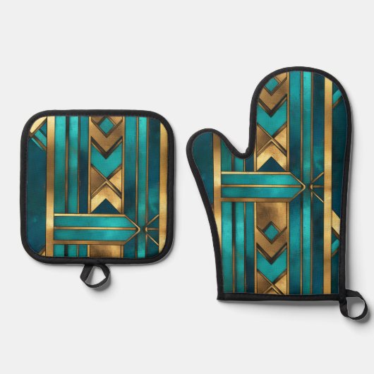 Art Deco Geometric Arrows, Gold and Turquoise Ovenwant & Pannenlap Set (Voorkant)