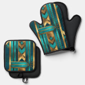 Art Deco Geometric Arrows, Gold and Turquoise Ovenwant & Pannenlap Set (Voorkant / Achterkant)