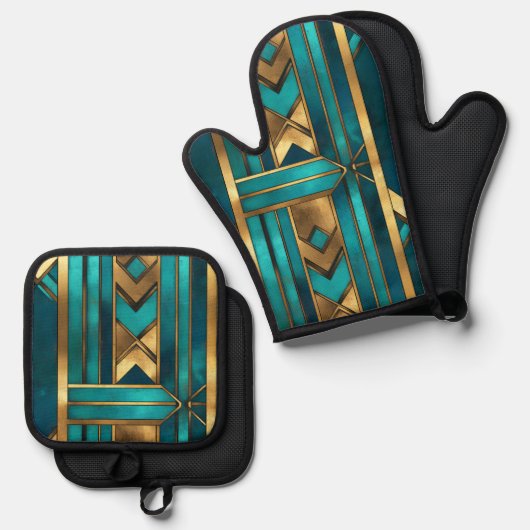 Art Deco Geometric Arrows, Gold and Turquoise Ovenwant & Pannenlap Set (Voorkant / Achterkant)