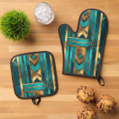 Art Deco Geometric Arrows, Gold and Turquoise Ovenwant & Pannenlap Set (Top down)