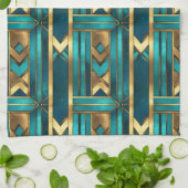 Art Deco Geometric Arrows, Gold and Turquoise Theedoek (Gevouwen)