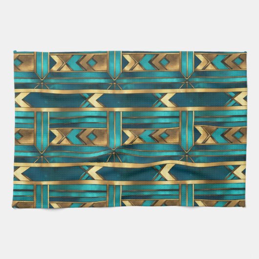 Art Deco Geometric Arrows, Gold and Turquoise Theedoek (Horizontaal)