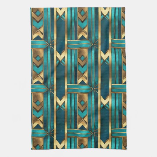 Art Deco Geometric Arrows, Gold and Turquoise Theedoek (Verticaal)