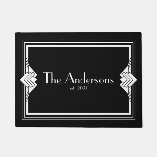Art Deco Geometric Black White Familienaam Deurmat (Voorkant)