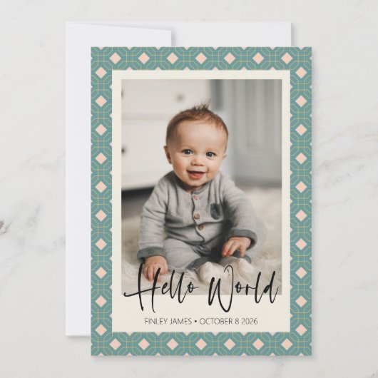 Art Deco Geometric Blauwgroen and Roze Baby Foto B Aankondiging (Voorkant)