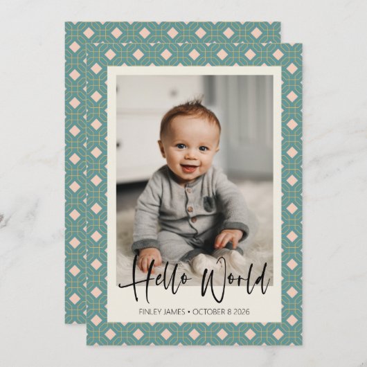Art Deco Geometric Blauwgroen and Roze Baby Foto B Aankondiging (Voorkant / Achterkant)