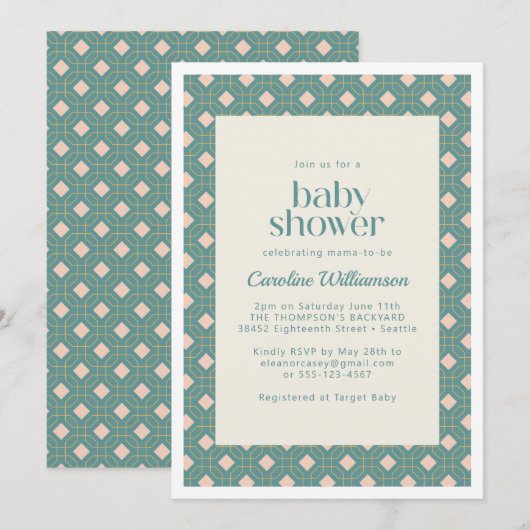 Art Deco Geometric Blauwgroen and Roze Baby shower Kaart (Voorkant / Achterkant)