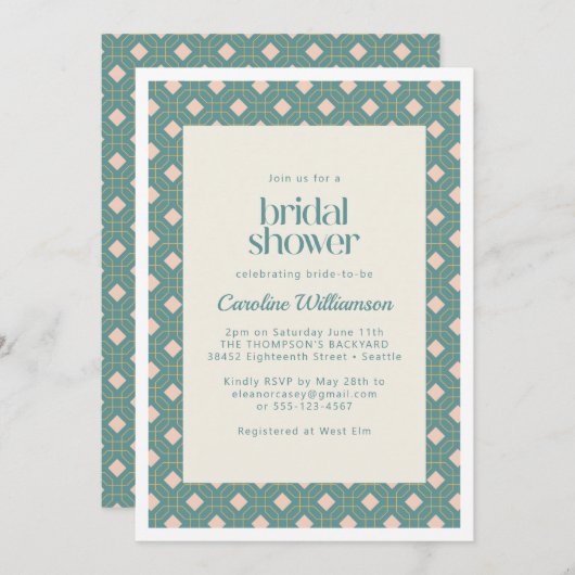 Art Deco Geometric Blauwgroen and Roze Vrijgezelle Kaart (Voorkant / Achterkant)