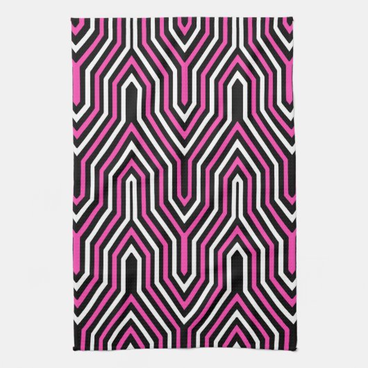 Art Deco Geometric - fuchsia roze, zwart-wit Theedoek (Verticaal)