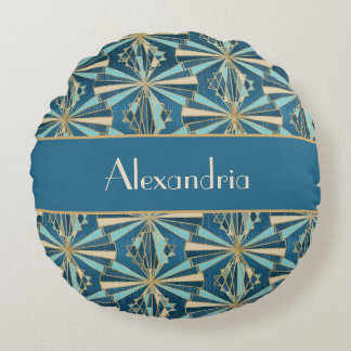 Art Deco Geometric Gold, Blue & Teal Luxury Glam Rond Kussen