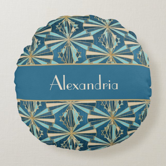 Art Deco Geometric Gold, Blue & Teal Luxury Glam Rond Kussen (Voorkant)