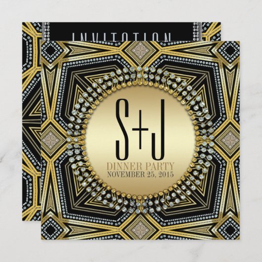 Art Deco Geometric Gold Dinner Party-uitnodigingen Kaart (Voorkant / Achterkant)