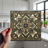 Art Deco Geometric Gold Green Blue Ceramic Tile Tegeltje
