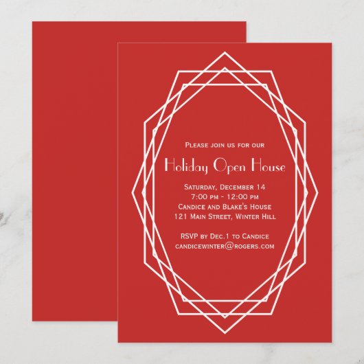 Art Deco Geometric Holiday Open House Red Kaart (Voorkant / Achterkant)