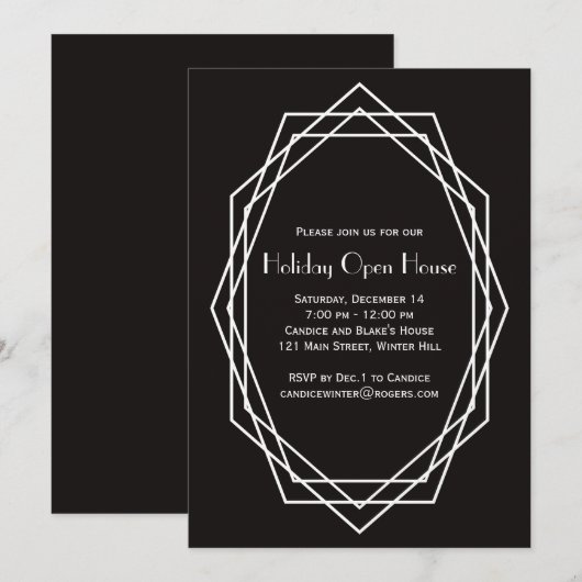 Art Deco Geometric Holiday Open House Zwart Kaart (Voorkant / Achterkant)