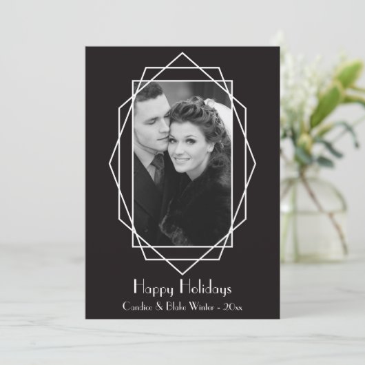 Art Deco Geometric Holiday Photo Card Black Feestdagenkaart (Staand voorkant)
