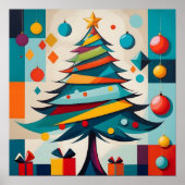 Art Deco Geometric Joyful Christmas Tree with Gift Poster (Voorkant)