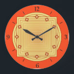 Art Deco Geometric, Mandarijn Oranje en Geel Grote Klok<br><div class="desc">Klok in overlappende geometrische patronen,  bestaande uit gradiëntstrepen,  variërend van licht tot diep goudgeel,  op een diepe mandarijnse oranje / tangerine achtergrond,  met driedaagse diamantvormige accenten in de uren.</div>