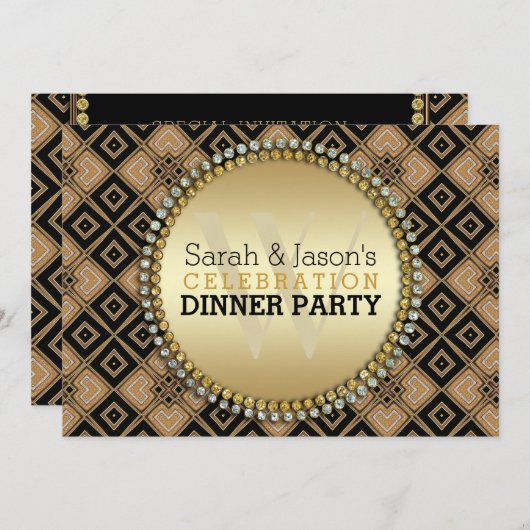 Art Deco Geometric Pattern Black Gold Dinner Party Kaart (Voorkant / Achterkant)