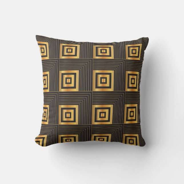 Art Deco Geometric Squares zwart & goud Kussen (Voorkant)
