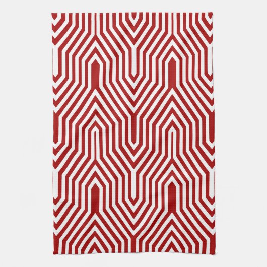 Art Deco geometrisch - donkerrood en wit Theedoek (Verticaal)