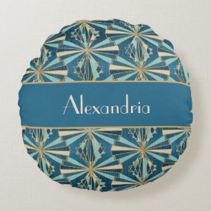 Art Deco geometrisch goud, blauw & teal luxe glamo Rond Kussen