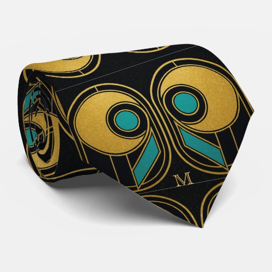 Art Deco Geometrisch Goud Blauwgroen Stropdas Eleg (Opgerold)