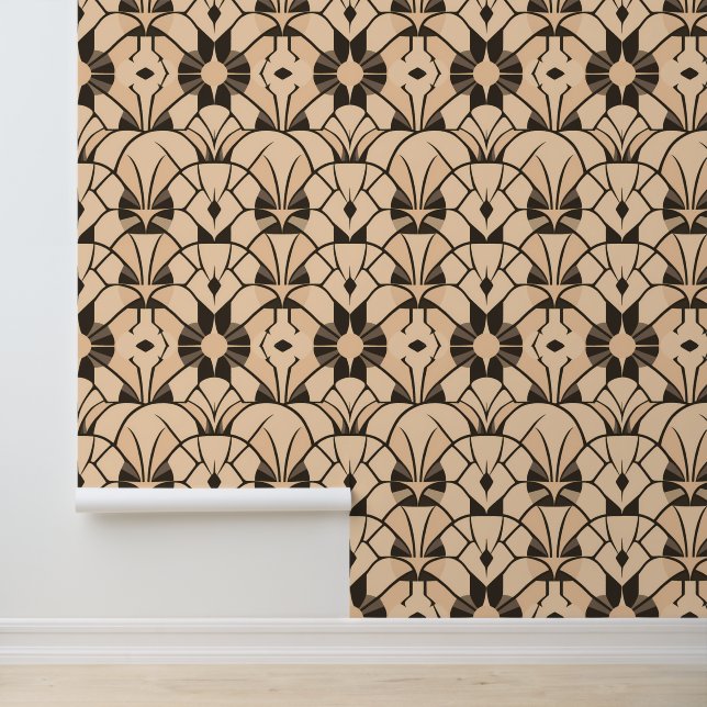 Art Deco geometrisch patroon in beige en zwart Behang (Applicatie)