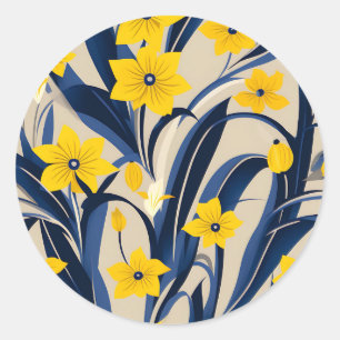 Art Deco Geometrisch Patroon met Marine Blauw Geel Ronde Sticker