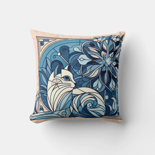 Art deco geometrische blauwe kat. kussen (Voorkant)