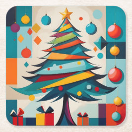 Art Deco Geometrische Blijde Kerstboom met Cadeau Kartonnen Onderzetters
