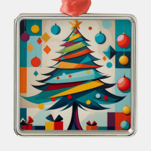 Art Deco Geometrische Joyful Kerstboom met Gift Metalen Ornament