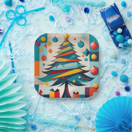 Art Deco Geometrische Joyful Kerstboom met Gift Papieren Bordje (Feest)