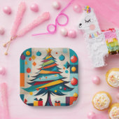 Art Deco Geometrische Joyful Kerstboom met Gift Papieren Bordje (Feest)