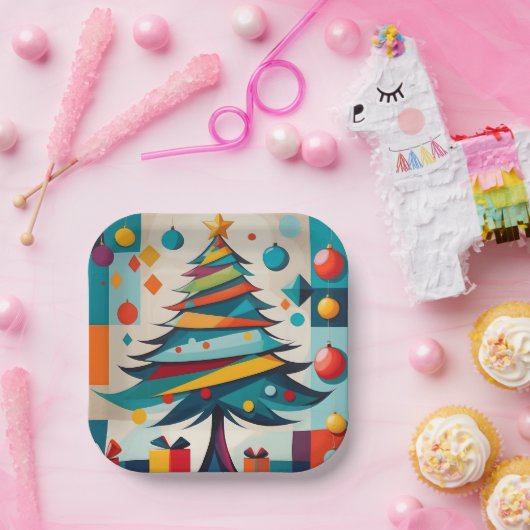 Art Deco Geometrische Joyful Kerstboom met Gift Papieren Bordje (Feest)