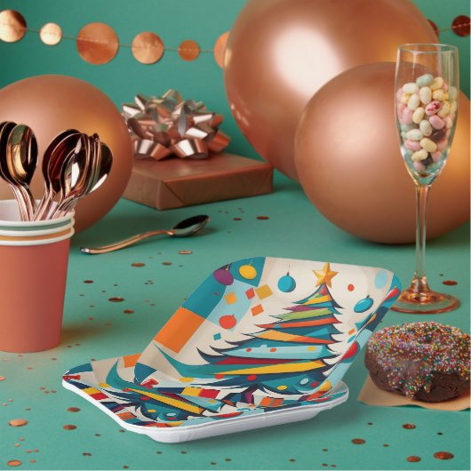 Art Deco Geometrische Joyful Kerstboom met Gift Papieren Bordje (Multi)