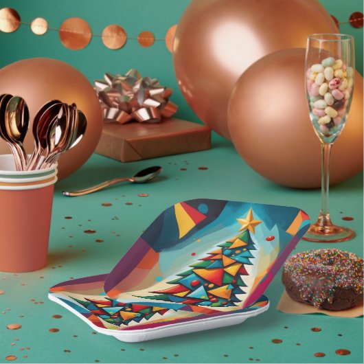 Art Deco geometrische kerstboom driehoek hemel Papieren Bordje (Multi)