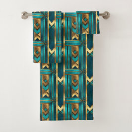 Art Deco geometrische pijlen, goud en turquoise Bad Handdoek