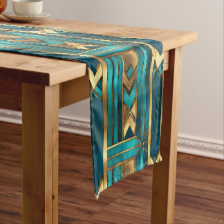 Art Deco geometrische pijlen, goud en turquoise Korte Tafelloper