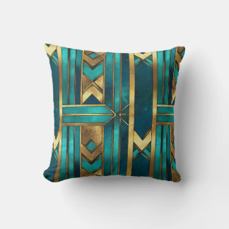 Art Deco geometrische pijlen, goud en turquoise Kussen