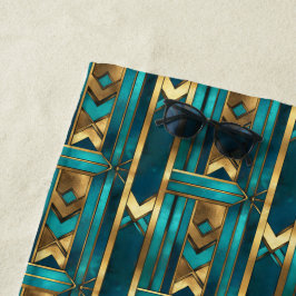 Art Deco geometrische pijlen, goud en turquoise Strandlaken