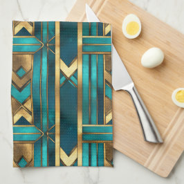 Art Deco geometrische pijlen, goud en turquoise Theedoek