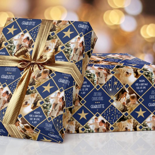 Art Deco Gepersonaliseerde Naam Foto's Kerst Blauw Cadeaupapier